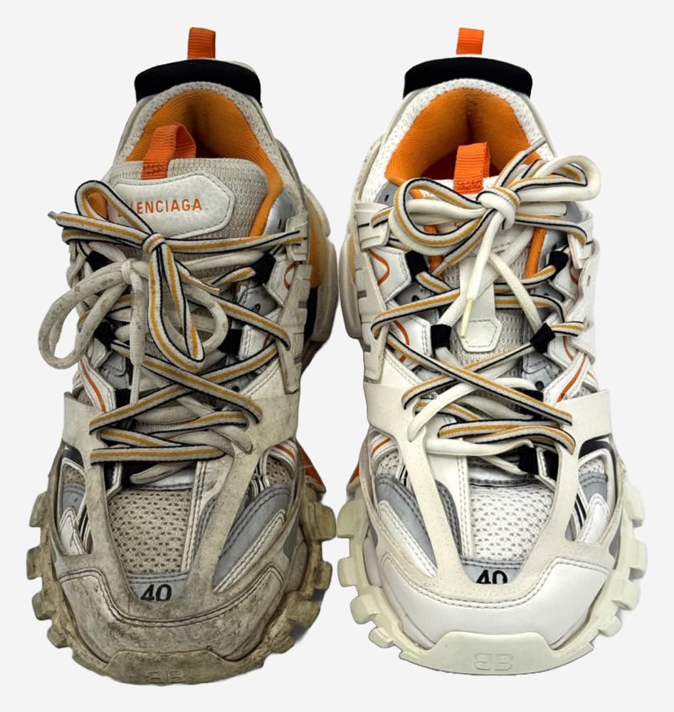 Sneakers à semelle crantée : à gauche encrassée, à droite nettoyée