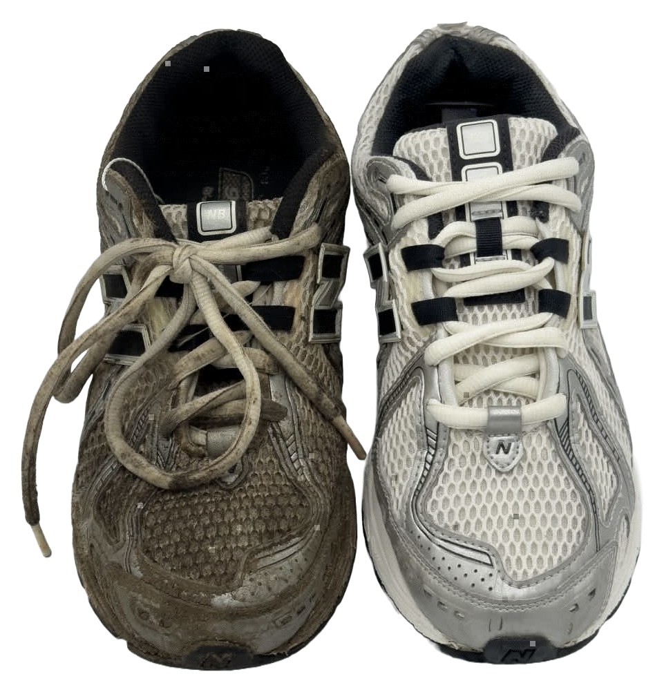 Une même paire de sneakers, sale à gauche et nettoyée à droite